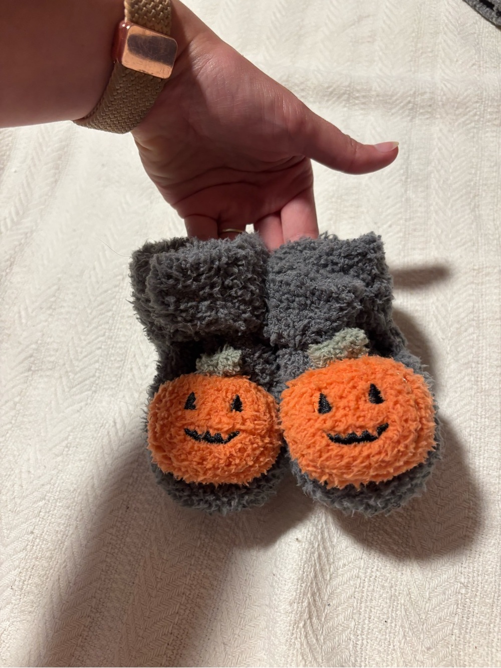 Plush Gray Kids Booties with Orange Pumpkin Accent